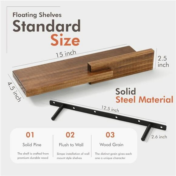 Set of 2 wood floating wall shelves walnut modern reversible shelf home decor - Picture 3 of 8